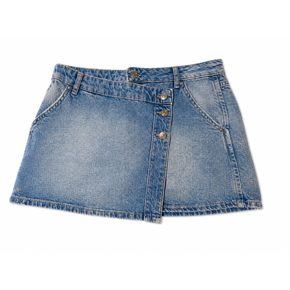 Free People Denim Wrap Mini Skirt Women's Size 27 Light Wash Button Front Y2K